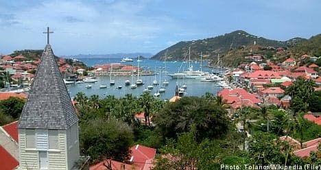 View of shops and buildings in town, Gustavia, St. Barthelemy (St. Barts) (St.  Barth), West Indies, Caribbean, Central America - Stock Photo - Dissolve