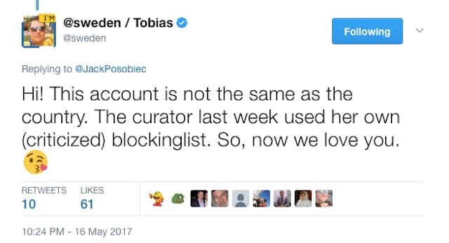 Sweden's official Twitter account blocks (then unblocks) 14,000 users in hate speech controversy