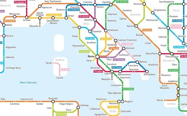 This map shows Ancient Roman roads as a subway network