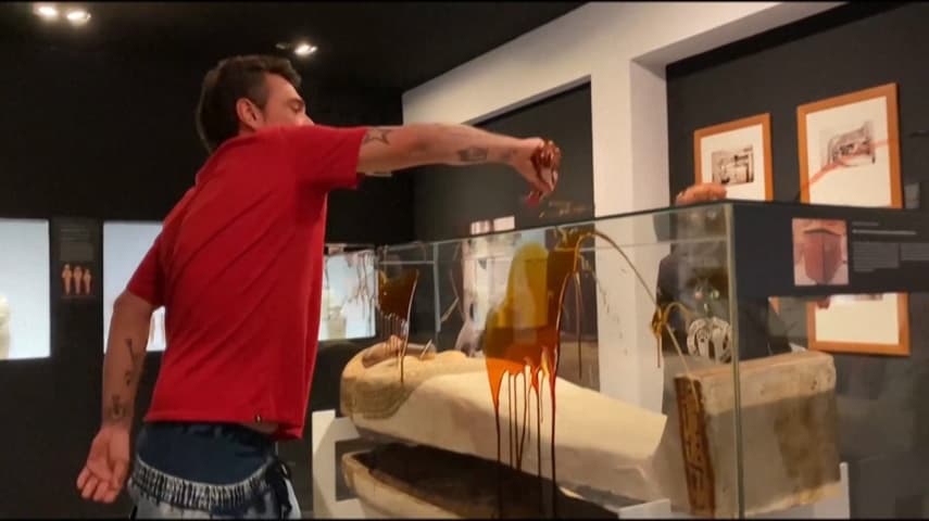 WATCH: Climate activists splash 'blood and oil' on mummy exhibit in Spain