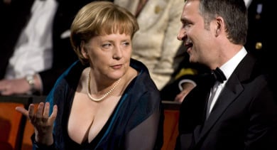 Merkel surprises with daring décolleté at Oslo opera