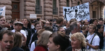 Surveillance protesters gather outside Riksdag