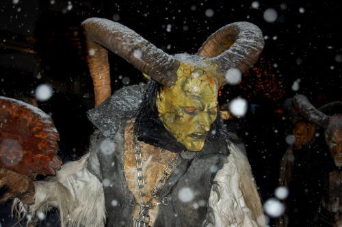 The troll-like Perchten or Krampus emerge when it gets dark. The gnarled and gruesome figures stomp through the Christmas markets of Bavaria, scaring children and sometimes even give women a spanking.Photo: by-sassi / PIXELIO
