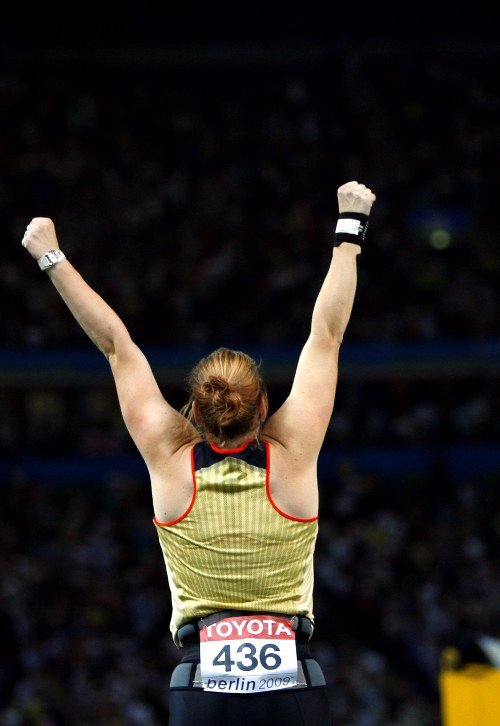 German Nadine Kleinert celebrates after the Shot Put final at the 12th IAAF World Championships in Athletics, Berlin, Germany, 16 August 2009. Photo: DPA