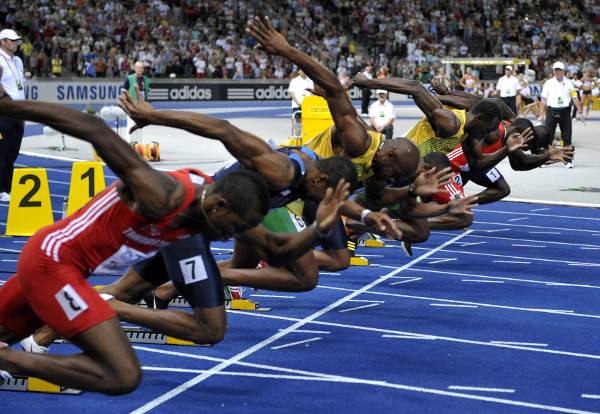 The start of men's 100m final at the 12th IAAF World Championships in Athletics, Berlin, Germany, 16 August 2009. Usain Bolt (3rd from right) won the gold medal. Photo: DPA
