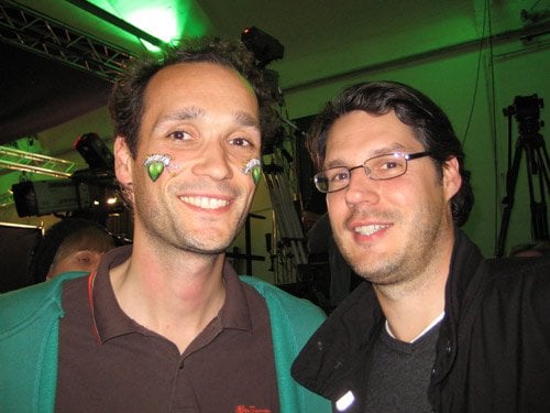 Green supporters Simon Japs (left) and Stefan Marrk. Japs' temporary tattoos read "Renate," in support of one of the party's leaders, Renate Kuenast.Photo: Kristen Allen