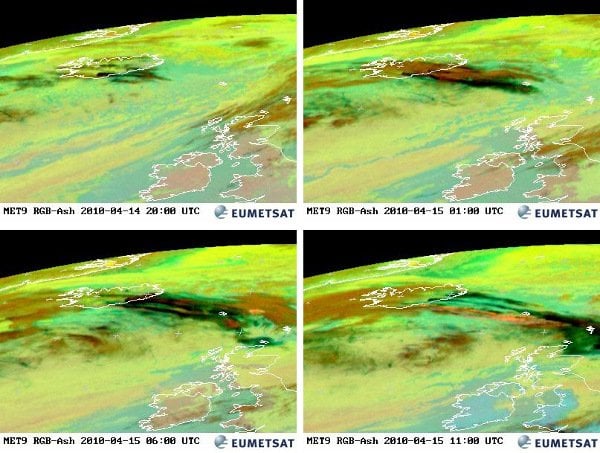  Satellite photos of the ash cloud’s movement over Iceland and Europe from Wednesday and Thursday. Photo: DPA