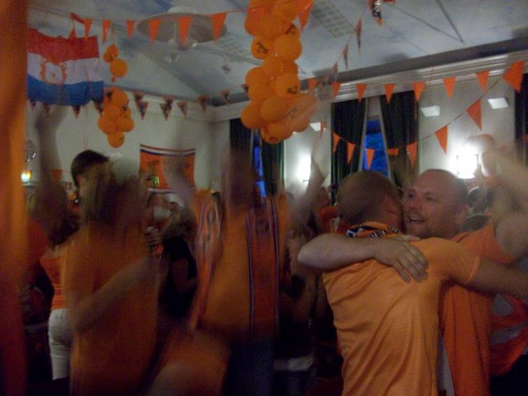 Dutch Embassy in Stockholm, Tuesday, July 6<br>Dutch fans celebrate at the Dutch embassy in Stockholm during the semifinal match against UruguayPhoto: Keith Moore