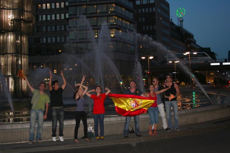 Sergels torg, Wednesday, July 7<br>Spanish fans celebrate at the Sergel torg fountain following Spain's semifinal victory over GermanyPhoto: Emy Gelb