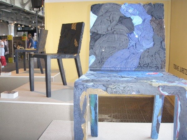 Designer chairs, made entirely from jeans and t-shirts.Photo: Emma Duester