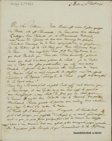 A letter written by Prussian king Frederick the Great to French thinker Voltaire, dated April 15, 1740.Photo: Staatsbibliothek zu Berlin – Preußischer Kulturbesitz