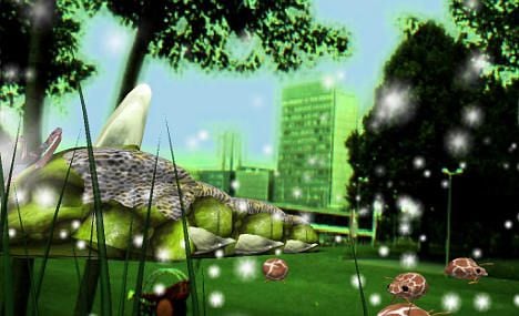 Giant green worm stalks city park in augmented reality experiment