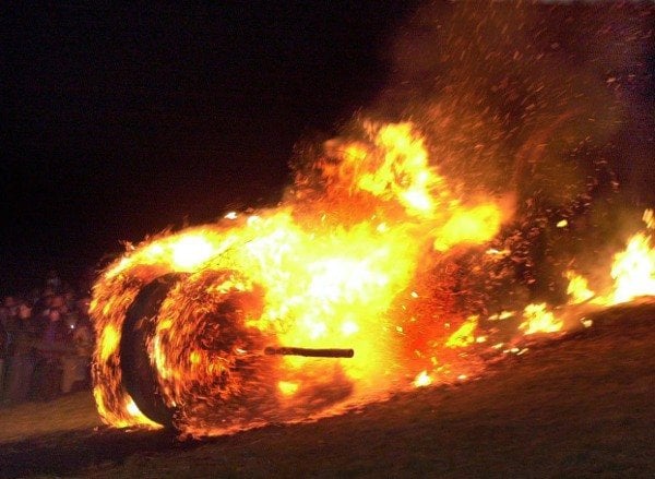 Fire rolling <br>At Easter time, you can welcome back the sun German style by rolling a burning bale of hay down a hill. Dating from pre-Christian times, the fire wheel was a symbol of the return of summer. But now it’s done on other holidays as well.Photo: DPA
