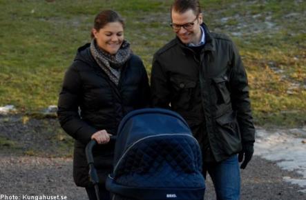 The first walk.<br>Crown Princess Victoria, Prince Daniel and their baby daughter enjoying a walk in the park next to their home. Photo: Photo: Kungahuset.se