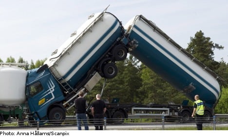 Truck strikes 'yoga pose' after massive crash