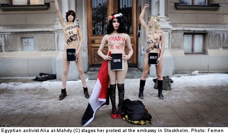 Nude demo in Stockholm against Egyptian leader