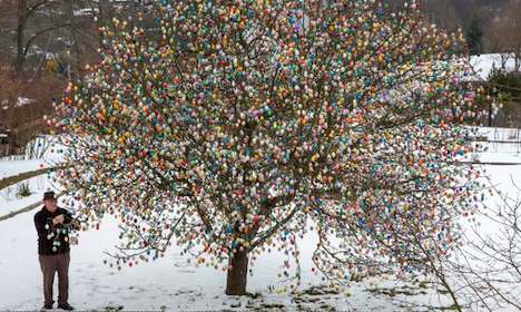 Pensioner decorates tree with 10,000 Easter eggs
