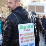"Jesus was born by Miraculous Assisted Reproduction: Two fathers and one virgin. LOL" Placard worn by a pro-gay marriage demonstrator in Paris on January 27th.Photo: Dan Mac Guill/The Local
