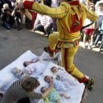 All new mums look away! El Colacho is a baby jumping festival which dates to 1620 as part of the local Corpus Christi celebrations. Men in the village of Castrillo de Murcia near Burgos dress up as devils and leap over new-borns as a bizarre way of cleansing them from original sin.Photo: Cesar Manso/AFP