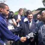 October 5th, 2000. Mandela, who left office the previous summer, welcomes French footballer Thierry Henry in Johannesburg, ahead of a friendly match between France and South Africa.Photo: Pascal George