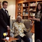 February 29th, 2008. Then French President Nicolas Sarkozy and his wife Carla Bruni are hosted by a smiling Nelson Mandela at the Mandela Foundation in Johannesburg, South Africa.Photo: Remy de Lamauviniere/AFP