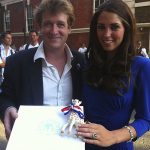 Dilasser holding "Sophie la Girafe" with Kate Middleton's doppelganger in London.Photo: Bertrand Dilasser