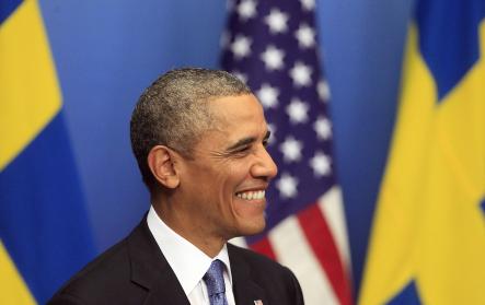 Obama on the Swedish language:<br>"Hej... I've just exhausted my Swedish."Photo: Frank Augstein/Scanpix (Obama at Stockholm's Government Offices)