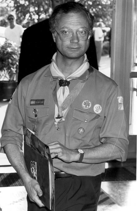 The king dressed in his "scouting" outfit in 1992. The king has a passion for the scouts, often participating in scouting activities both in Sweden and abroad. He is in fact the honorary chairman of the World Scout Foundation.Photo: Scanpix