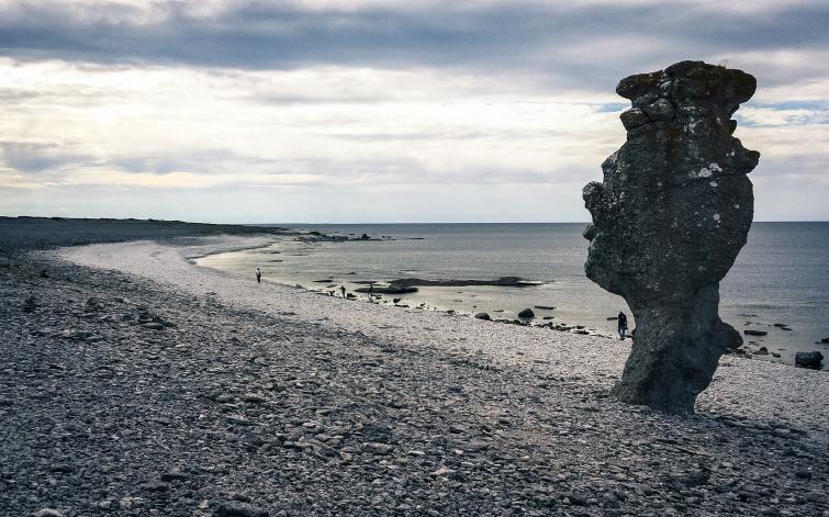 Biking around Gotland<br><i>Raukar</i> are created from eroding limestone. The word 'rauk' is from the local language "gutniska", not identical with the local <i>gotländska</i> dialect.Photo: Joel Linde