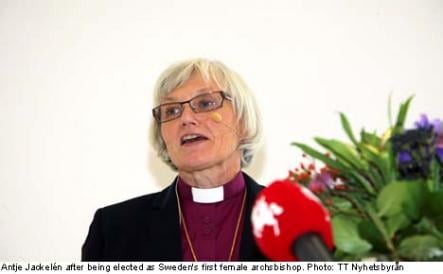 <font size="5">Sweden elects first female archbishop</font><br>Finally, Bishop Antje Jackelén became the first ever female archbishop of the Church of Sweden- <br> <a href="http://www.thelocal.se/50814/20131015/" target="_blank"> despite some controversial views about God and evolution.</a>