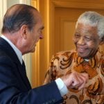 Here former French President Jacques Chirac (L) is welcomed by former South African President Nelson Mandela in a Parisian palace, on September 5th 2007. Mandela, then aged 89, was in Paris for a three-day visit as part of a fundraising tour for his foundations and was welcomed by French President Nicolas Sarkozy at the airport, a courtesy that is usually reserved to visiting heads of state.Photo: Patrick Kovaric/AFP