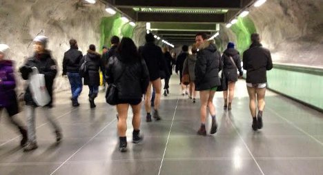 Swedes tackle snow for 'no pants' subway ride