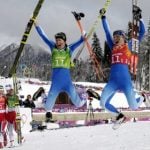 Ida Ingemarsdotter and Stina Nilsson celebrate bronze in the team sprintPhoto: Maja Suslin/TT