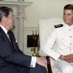 1987: US President Ronald Reagan chats with 17-year-old Felipe at the White House. Felipe was a midshipman aboard Spain's training ship at the time.Photo: Michael Sargeant/AFP