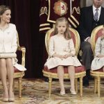 Queen Letizia with her daughters Crown Princess of Asturias Leonor and Spanish Princess Sofia sit at the Congress of Deputies. Photo: Paco Campos/AFP