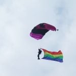 There really were rainbows in the sky at Pride Park.
A handful of parachuters dropped from the sky, welcomed by bystanders at the opening of Pride Park.Photo: Rebecca Jacobs