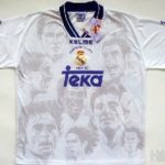 Imagine your auntie paints an atrocious portrait of you and then forces you to hang it up on the living room wall. That's how Real Madrid's players must have felt in 1996 when this commemorative kit, with their mugshots plastered all over, was released to honour their league win. Photo: Foro Punto Pelota
