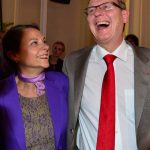 Bodo Ramelow, top candidate of the Linke party, celebrates with his wife at an election party in Thuringia.Photo: DPA