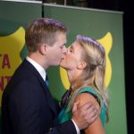 Gustav Fridolin, the co-spokesperson of the Green Party, had less to smile about on election night. His party was overtaken by the Sweden Democrats as the third most popular in Sweden. Here, he celebrates with his wife regardless. Photo: TT