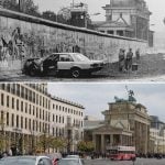 An abandoned car at the Wall by the Brandenburg Gate in 1989 and today.Photo: Wolfgang Kumm/dpa