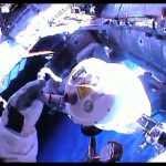 A view from Gerst's helmet camera as he works on the replacement camera light on the ISS' Destiny module.Photo: EPA/NASA TV/DPA