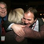 Stefan Löfven hugs Wanja Lundby-Wedin, the chairman of the Swedish Trade Union Confederation, after being selected as Chairman of trade union IF Metall in 2005. Photo: TT