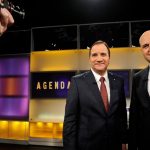Löfven poses for the camera with former Prime Minister Fredrik Reinfeldt in the studio of SVT programme Agenda. The two took part in live debates during the 2014 election campaign.Photo: TT