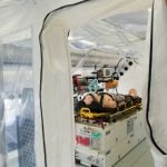 An isolation chamber on the airplane Robert Koch, which will be one of three specially made planes for carrying patients with highly communicable diseases, like Ebola. Photo: DPA