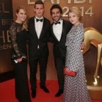 Former national football player Miroslave Klose (second left) poses with his wife Sylwia and the actors Elyas M'Barek and Jella Haase on their way into the 2014 BAMBI awards. Photo: DPA