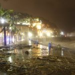 Strong wind blows into the palm trees on the "promenade des Anglais" strewn with debris on November 4, 2014 in the French Riviera city of Nice