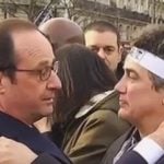 The French President breaks away from the front of the march to greet the families of the victims who are just behind the front of the cortege. He hugs the twin brother of one of the policeman who was killed outside the Charlie Hebdo offices on Wednesday and some of the journalists who survived the attack.Photo: Screen grab: BFM TV