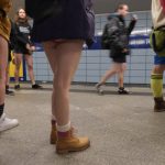 Trouserless travellers wait for an U-Bahn in Berlin during the international No Pants Subway Ride. Photo: DPA