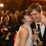 Spanish actor Lala Costa kisses cameraman Sturla Brandth. The Norwegian won the Silver Bear for Outstanding Artisitc Contribution for his work in the film "Victoria". Photo: DPA