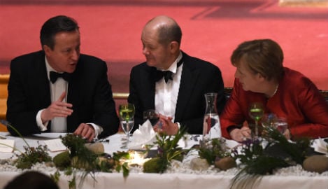 Merkel woos Cameron at Hamburg banquet